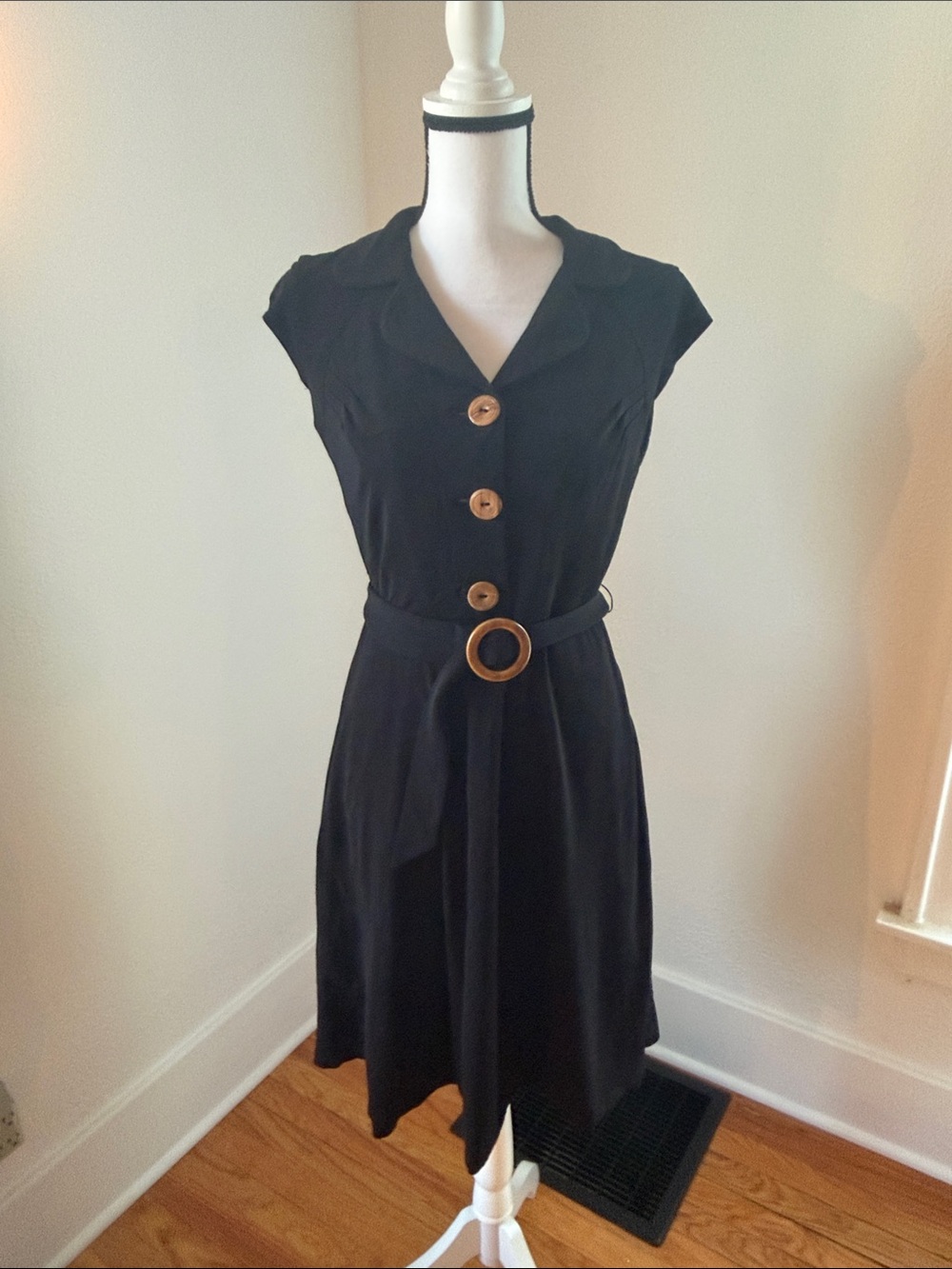 VINTAGE Betsey Johnson Black Button-Front Fit-and-Flare Dress with Belt Size 8